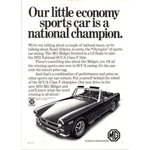 1973 MG Midget Convertible SCCA Champion Vintage Print Ad Man Cave Wall Art